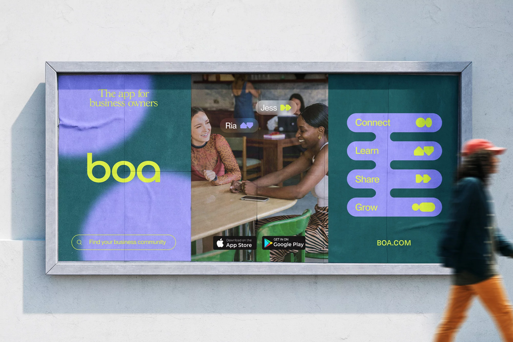 Billboard advertisement for Boa featuring two smiling women at a table, promoting business connections, learning, sharing, and growth.
