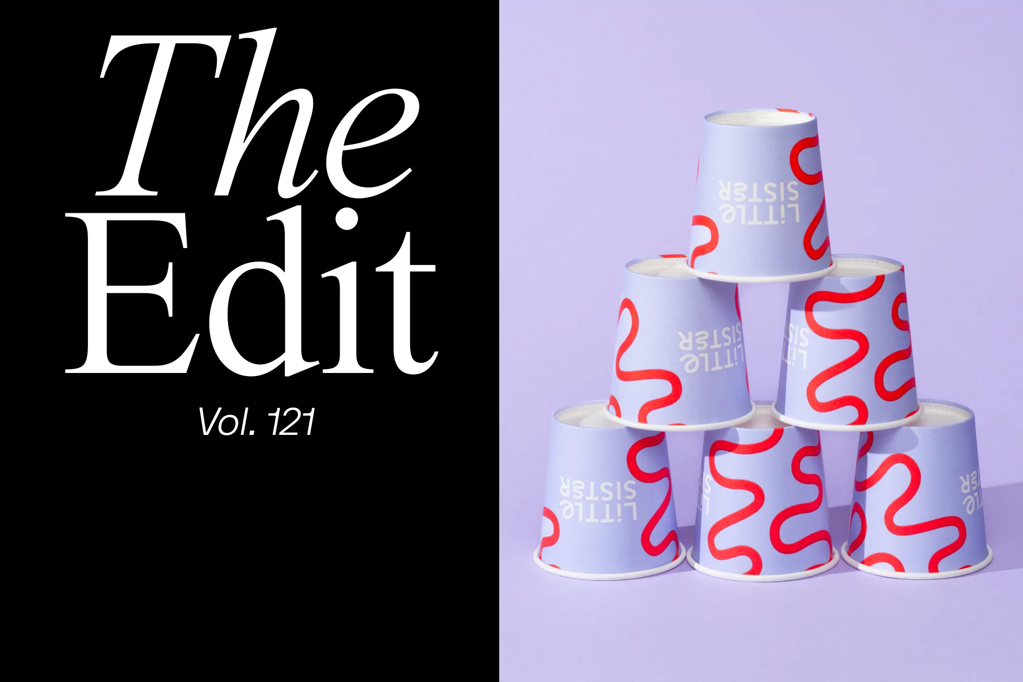 Stack of seven light purple paper cups with red squiggles and white 'Little Sister' text, arranged in a pyramid shape against a split black and light purple background.