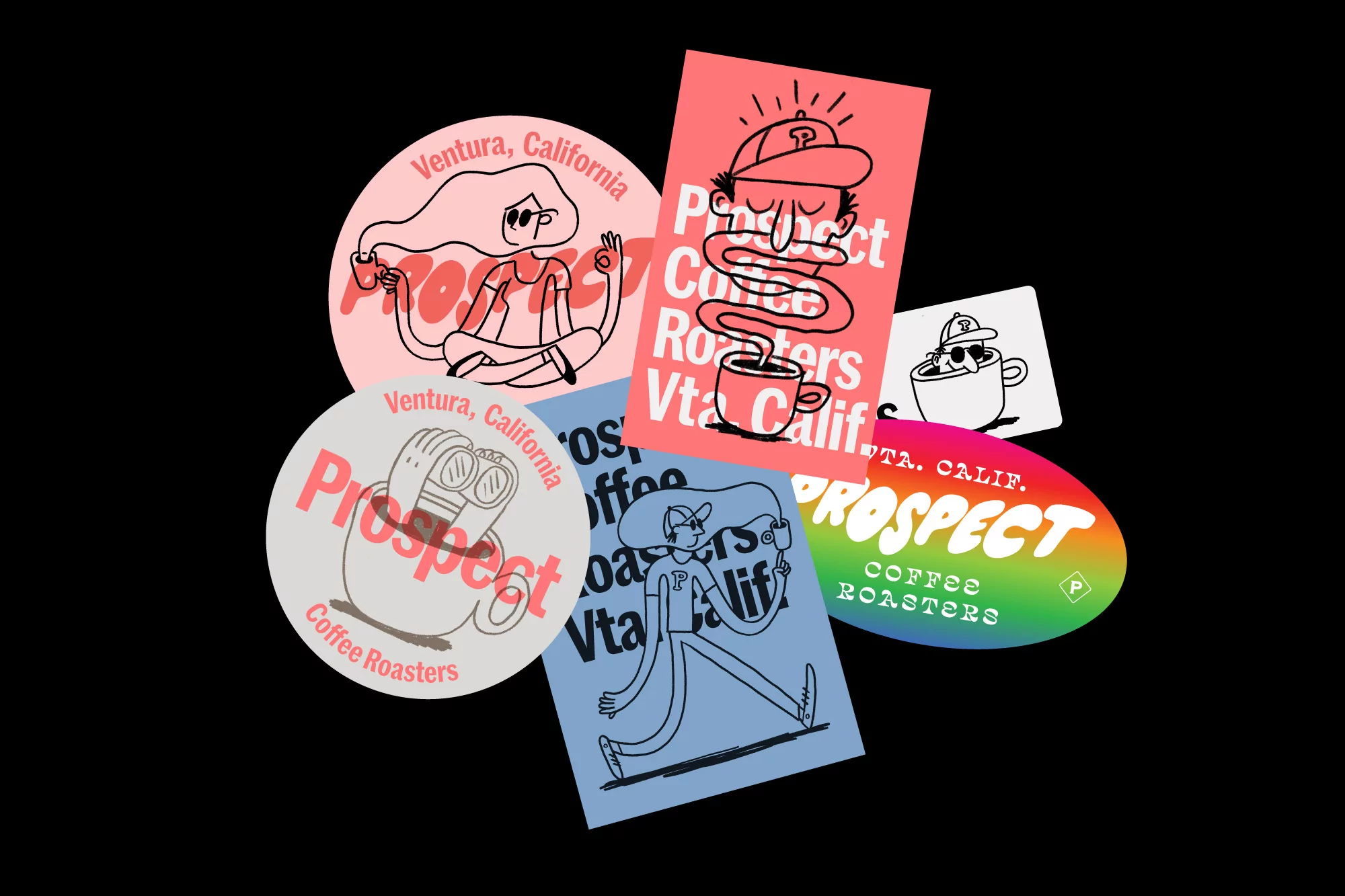 Colorful stickers feature cartoon illustrations and the text 'Prospect Coffee Roasters, Ventura, California' against a black background.