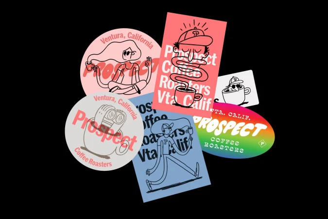 Colorful stickers feature cartoon illustrations and the text 'Prospect Coffee Roasters, Ventura, California' against a black background.