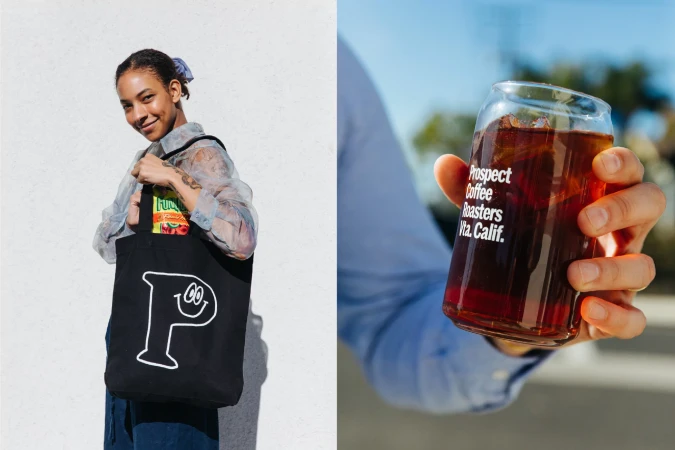 Smiling woman in sheer top with tote bag. Man holds glass of iced coffee, outdoors. Natural light, soft focus.