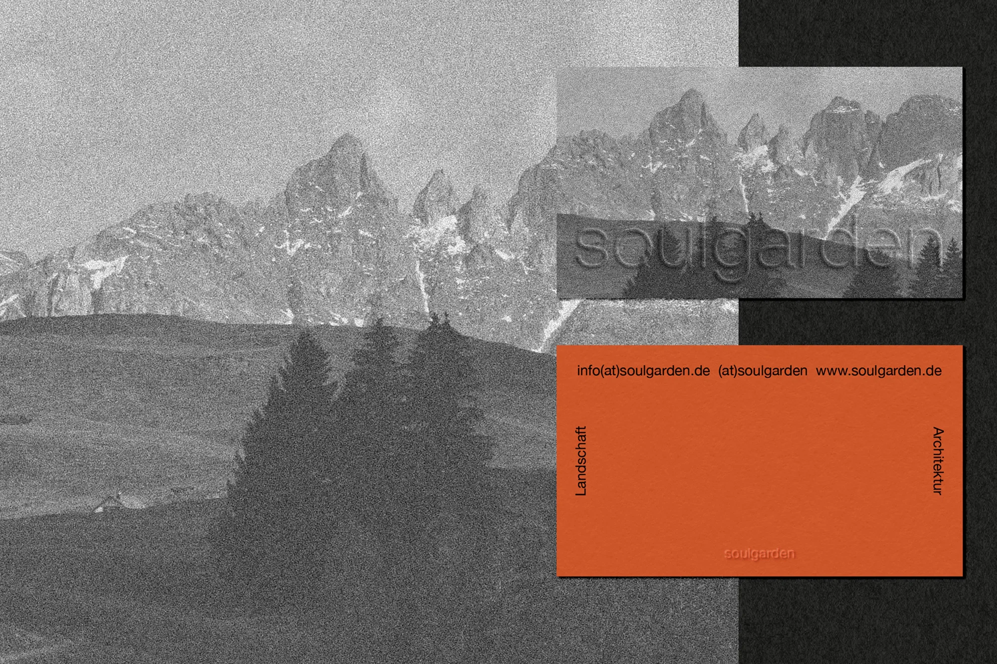 Monochromatic landscape artwork featuring snow-capped mountains, trees, and a stylized text overlay on textured background.