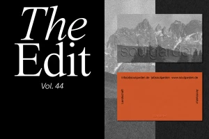 Collage style brand identity graphic with bold typography reading The Edit Vol. 44 alongside a textured mountain photograph and a rust orange card.