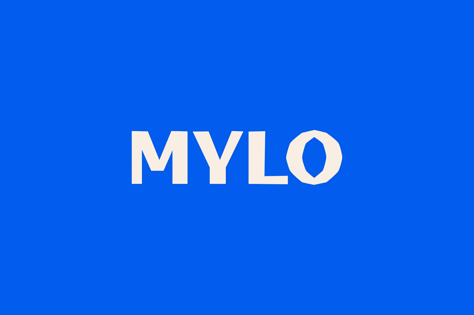 Minimalist graphic design with 'MYLO' in bold, white sans-serif font against a solid blue background.