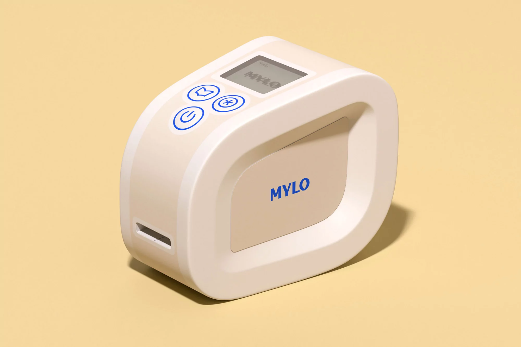 Studio shot of a white portable medical device with rounded edges, blue buttons, and an LCD screen on a pale yellow background.
