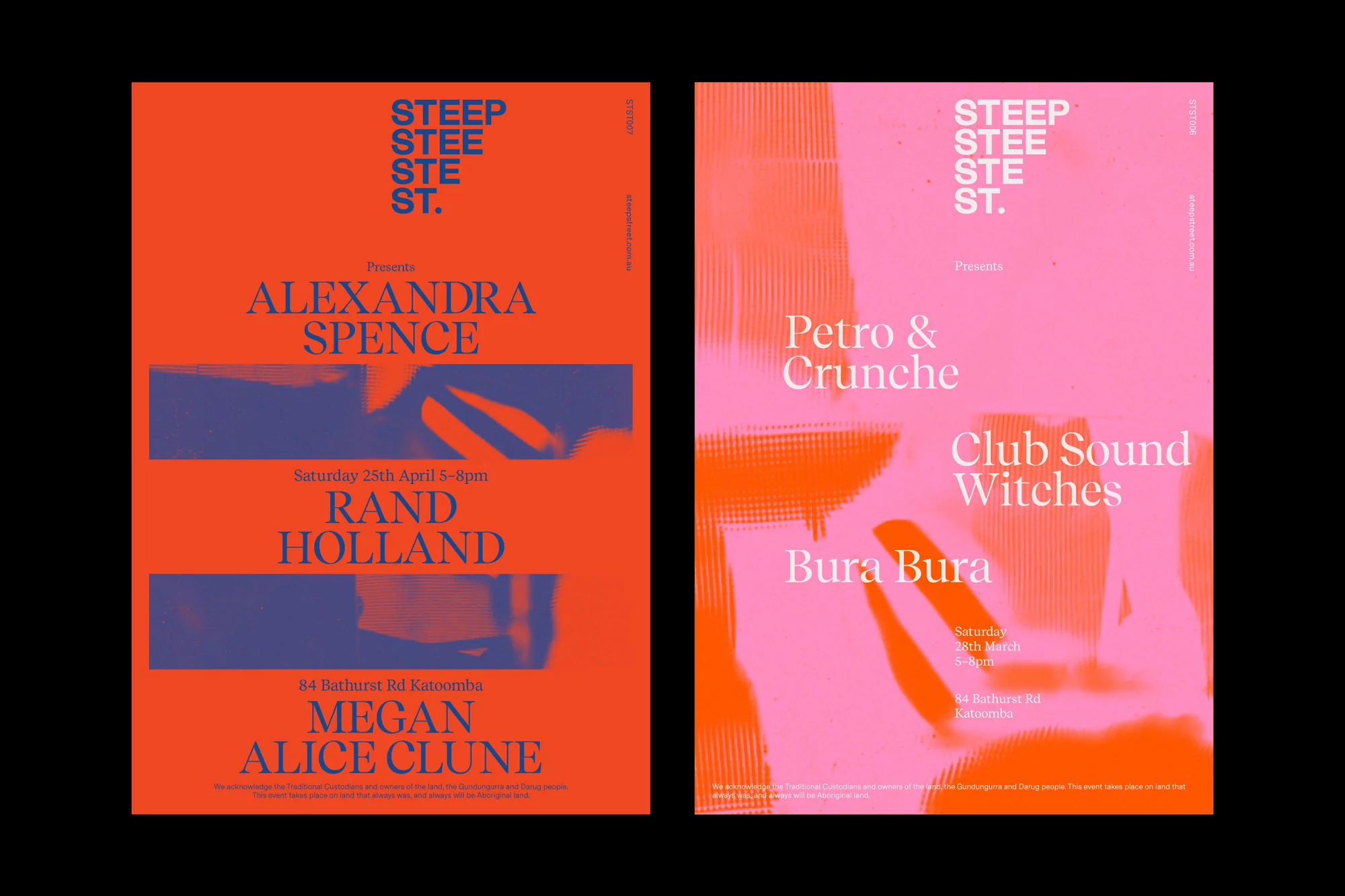 Two vibrant event posters, one coral with blue text and one pink with orange text, featuring event details and names of performers.