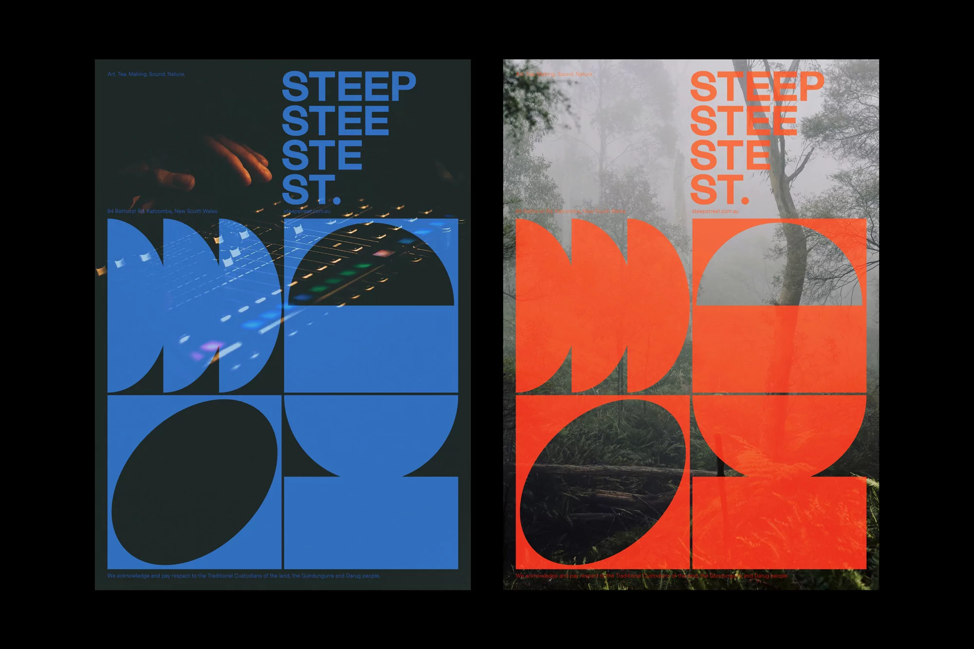 Two modern art posters side by side. One shows a musician's hands, the other shows a misty forest, both with bright geometric graphics.