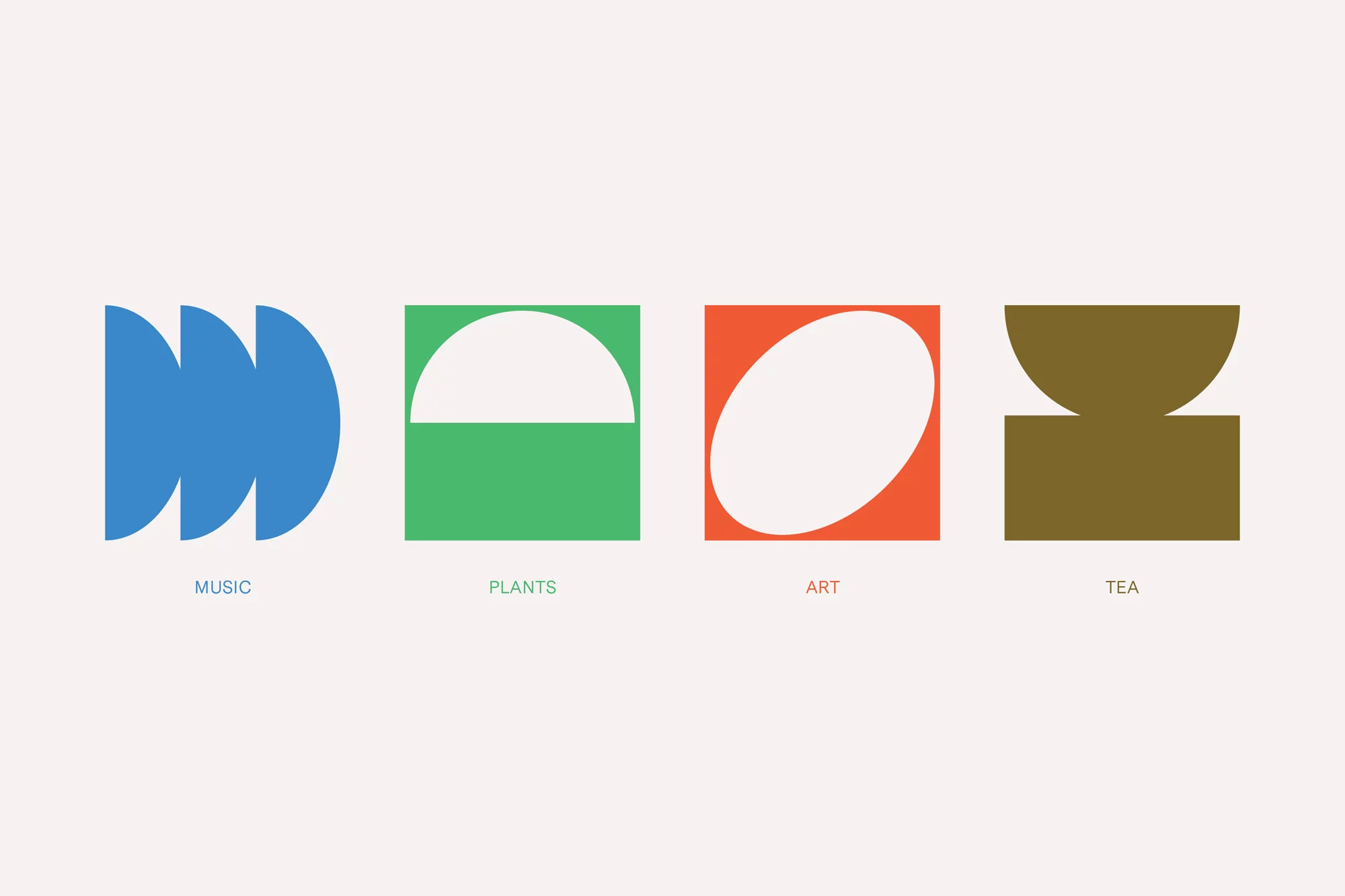 Abstract graphic featuring geometric shapes: three blue semi-circles, a green square with semi-circle, an orange square with oval, and a brown square with a half circle.
