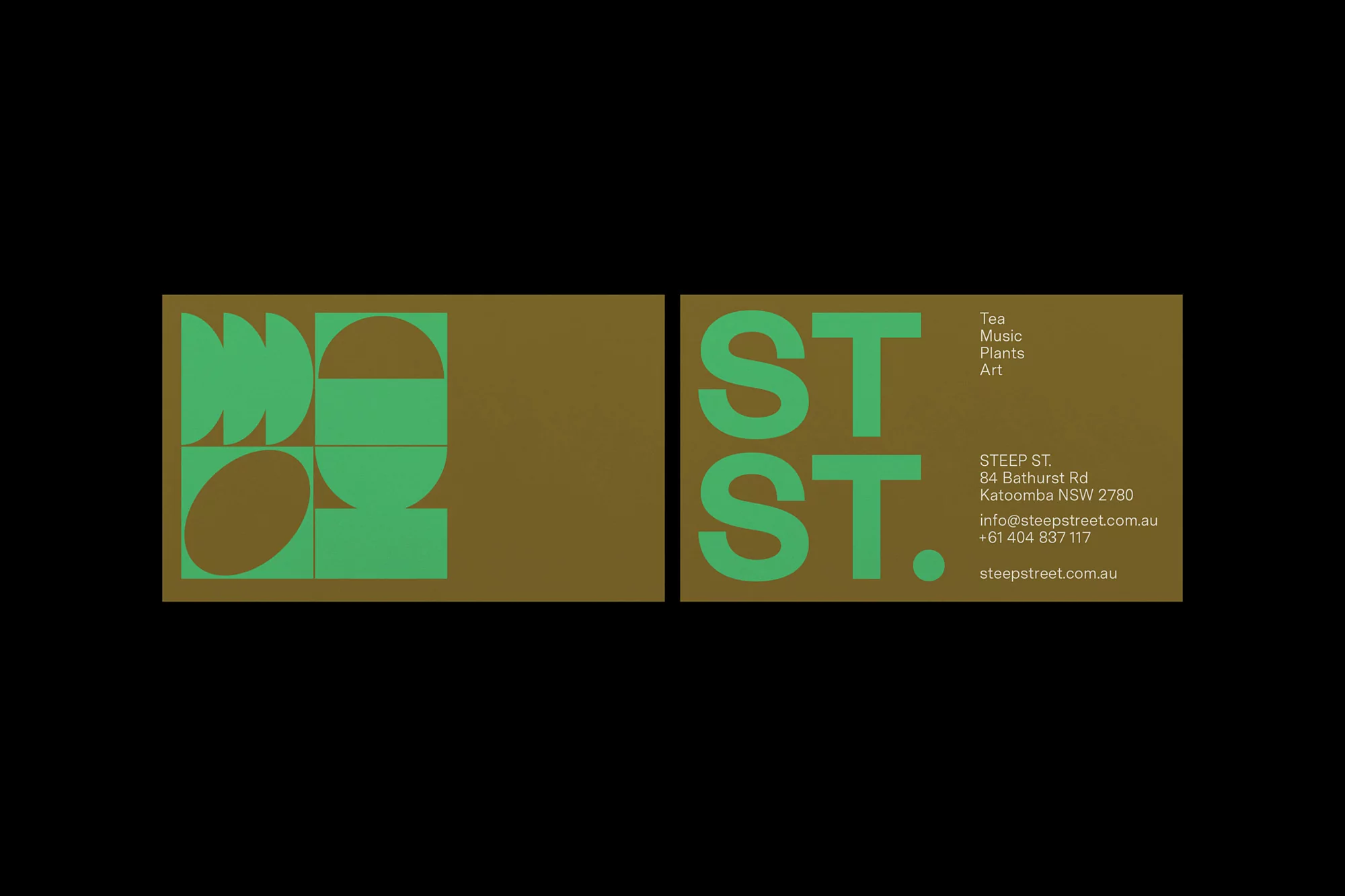 Promotional graphic with geometric shapes and the word 'STEEP ST,' advertising tea, music, plants, and art in green on a gold background.