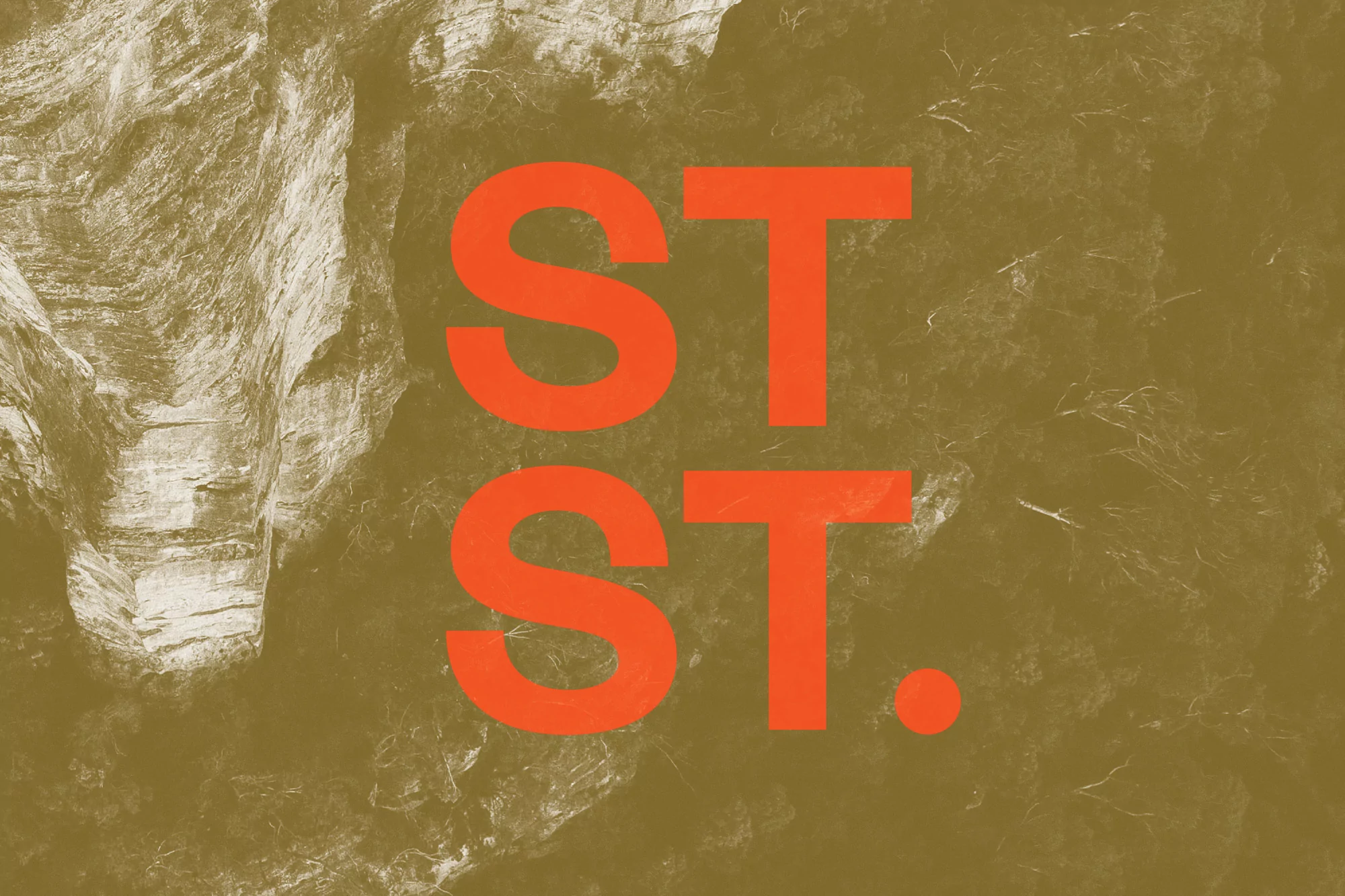 Text graphic on a brown and white textured background, featuring large orange letters 'ST.' stacked twice vertically.