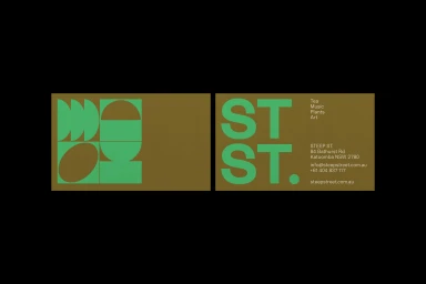 Two rectangular business cards with green geometric shapes and bold green ST ST typography against a dark background