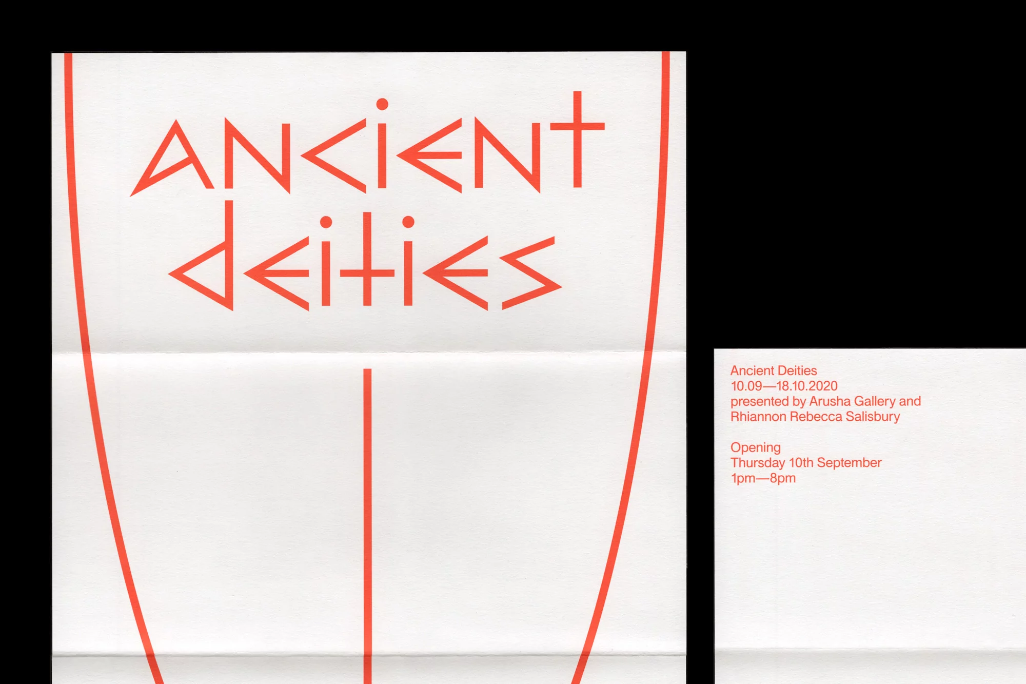 Art exhibition poster featuring 'Ancient Deities' in stylized red font on a white backdrop, displayed in portrait orientation.