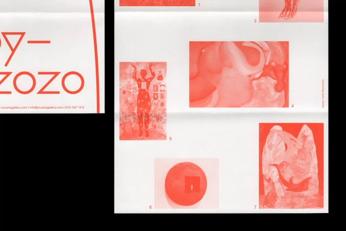 Promotional material for the Cody-Zozo exhibition featuring art images and contact information for Brush Gallery, all in shades of red.