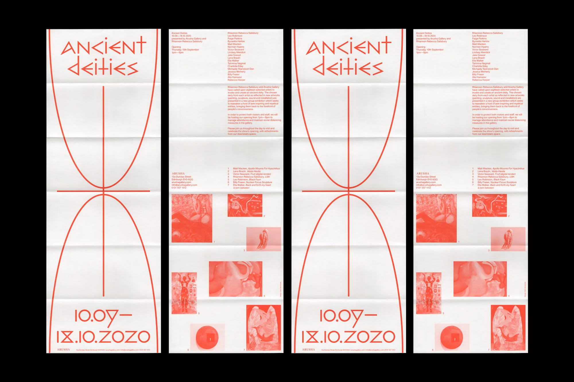 Folded poster design with red geometric lines and text elements against a white background. Modern art exhibition announcement.