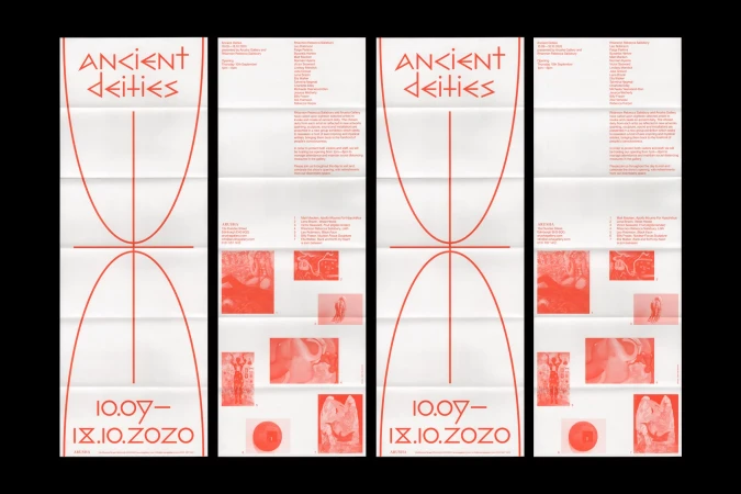 Folded poster design with red geometric lines and text elements against a white background. Modern art exhibition announcement.