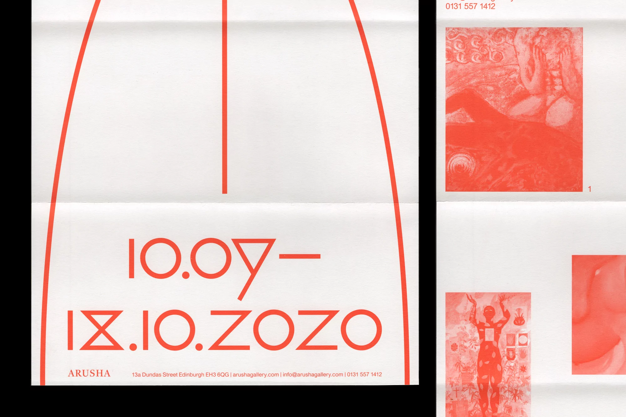 Promotional poster for the Arusha gallery in Edinburgh featuring graphic shapes, text announcing exhibition dates, and graphic artwork examples.