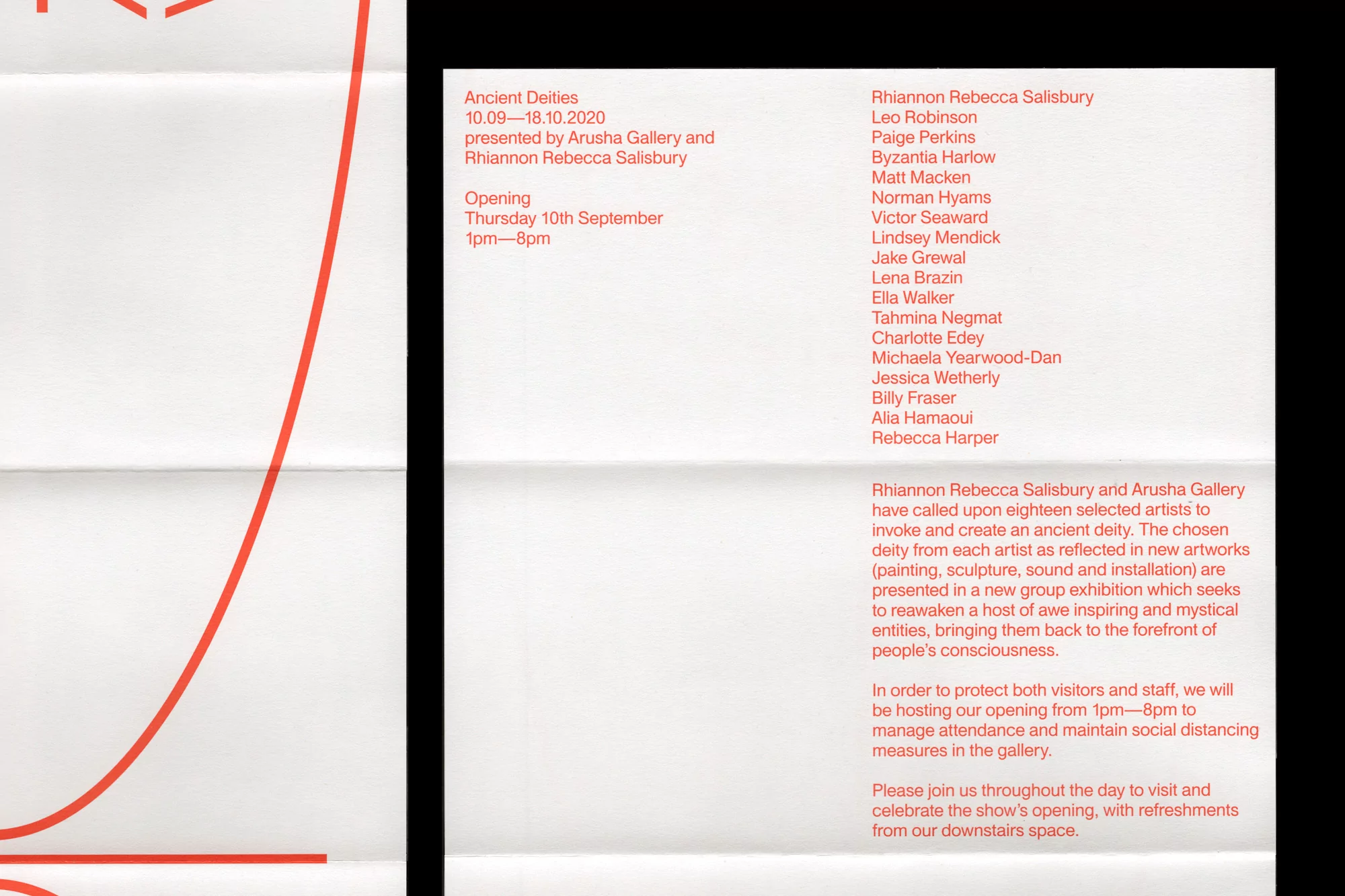 Flyer for 'Ancient Deities' exhibition at Arusha Gallery from September 10th to October 18th, 2020, with artist names in red text.