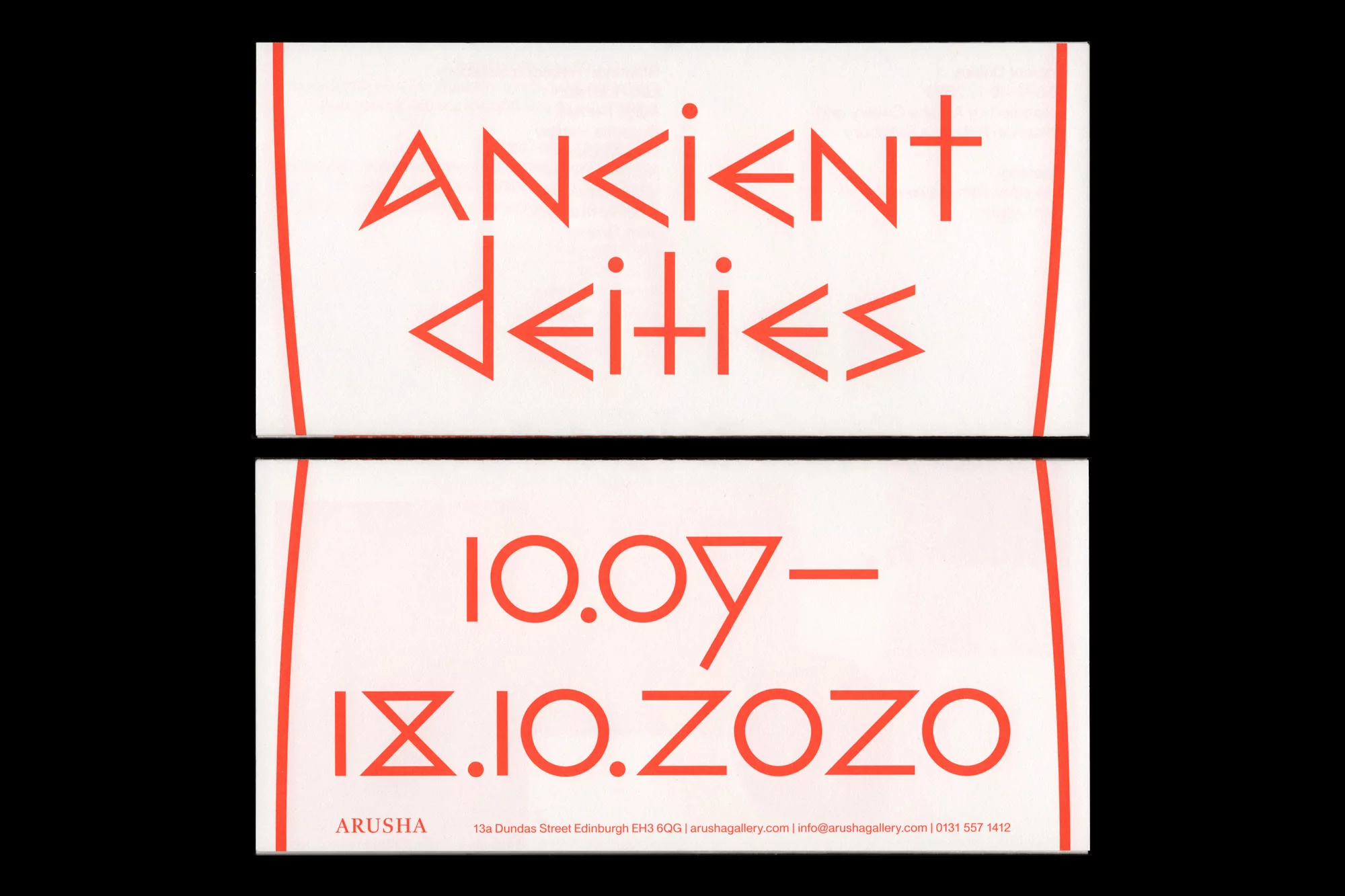 Flyer for 'Ancient Deities' art exhibition at Arusha Gallery, Edinburgh, October 2020, featuring stylized typography and geometric design.