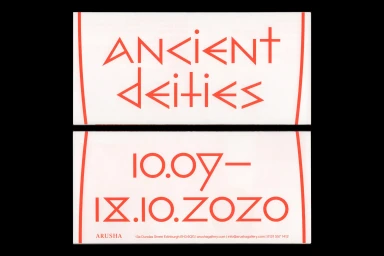 Red custom typography on two white rectangular cards with curved red side borders, featuring Ancient Deities branding and dates.