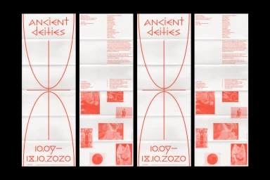 Folded paper poster with red typography and graphic illustrations on a white background for Ancient Deities brand identity.