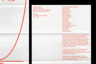 Folded white paper poster featuring red typography and geometric linework for the Ancient Deities exhibition