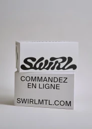 Two white rectangular boxes stacked vertically featuring black typography and the SWIRL brand logo against a neutral background.