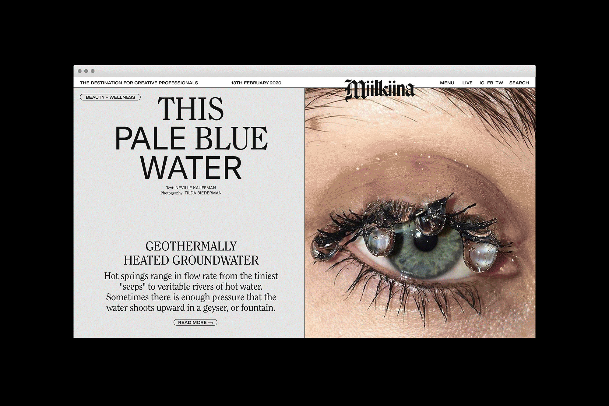 A digital magazine cover featuring a close-up of a green human eye with water droplets on the eyelashes. The other half of the cover has an article.