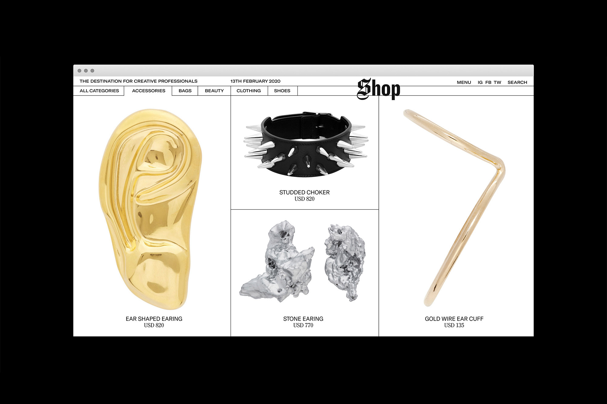 A web page showing images of jewelry including ear-shaped earrings, stone earrings, a studded choker, and gold wire ear cuffs.