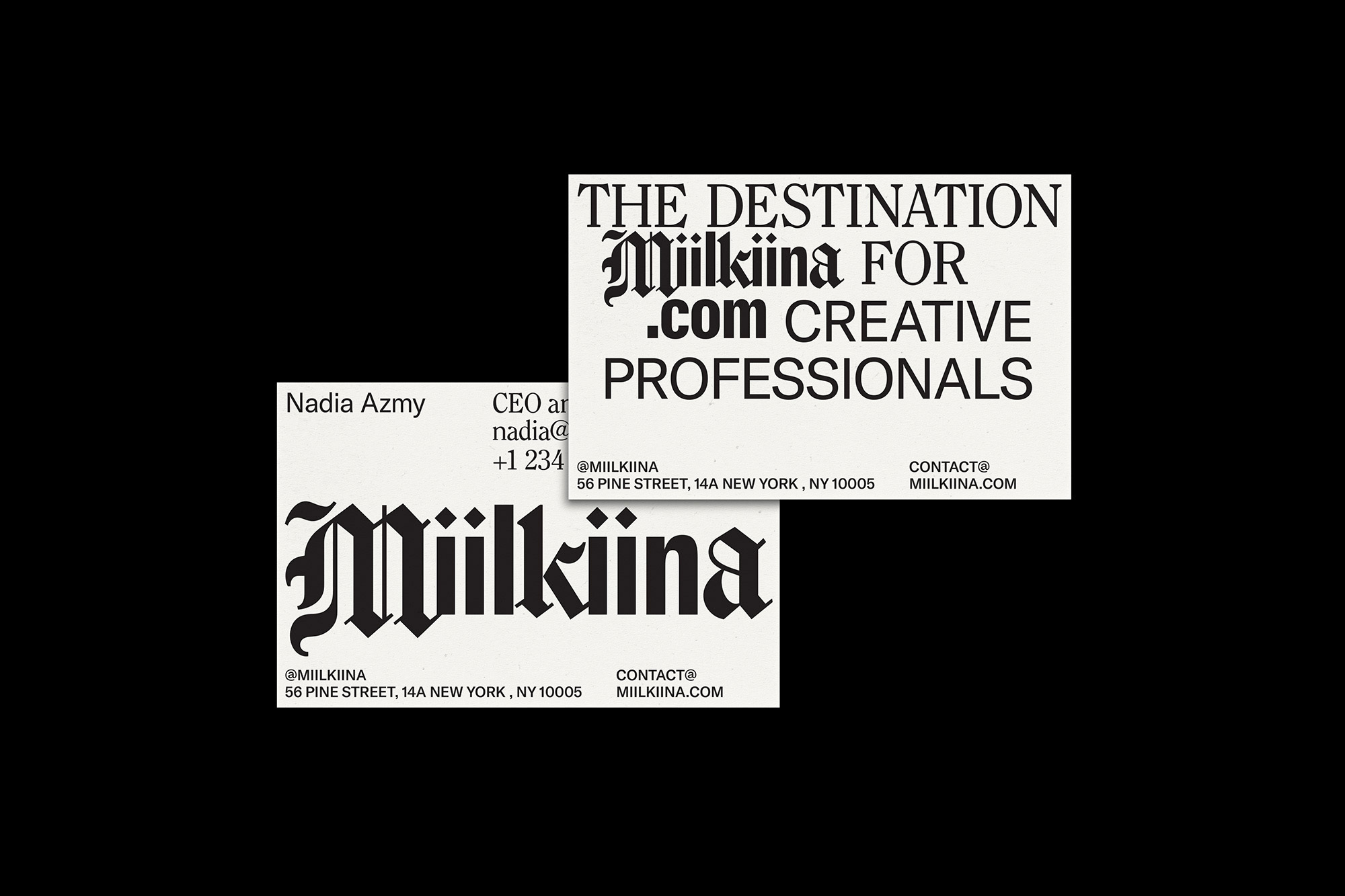 Two business cards featuring typographic layouts with company name "Miilkiina," contact details, and a black and white color palette.