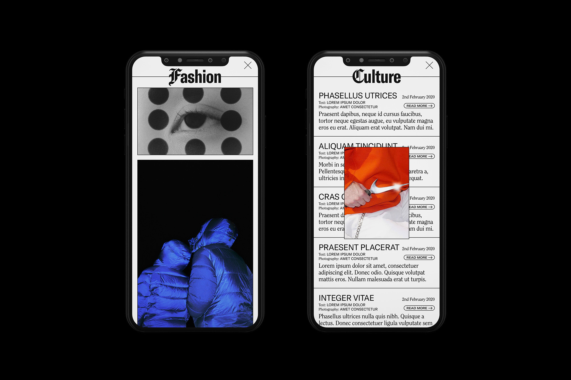 Two smartphone screens show digital fashion editorials: one features a monochrome eye, the other, a hand holding a Nike-branded item.