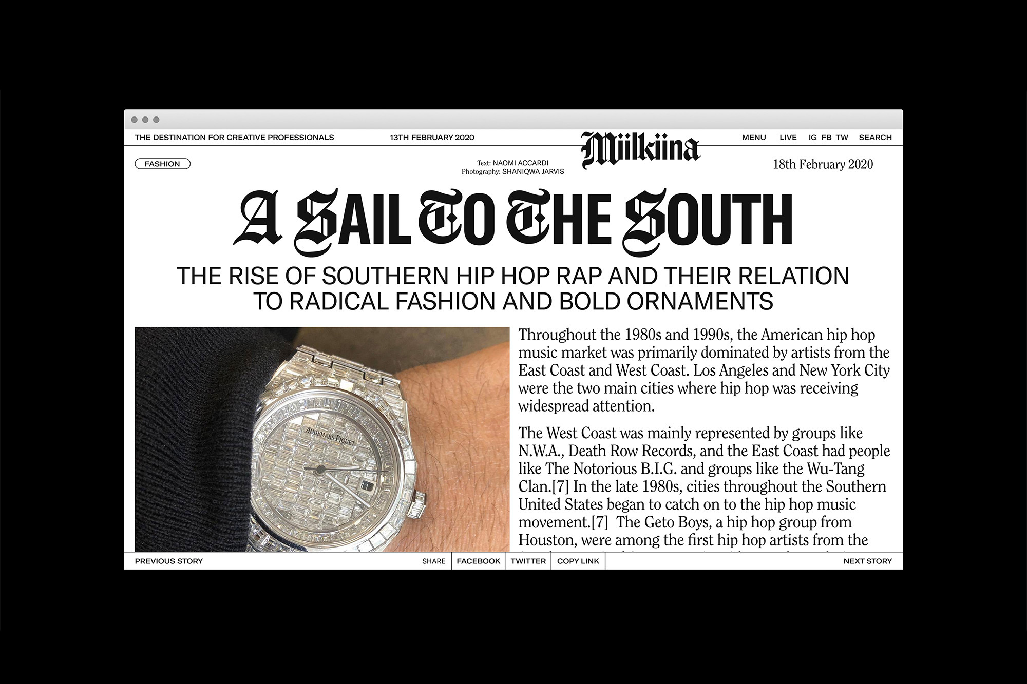Fashion magazine cover featuring a close-up of an iced-out watch with text overlay about hip hop fashion and bold ornaments.