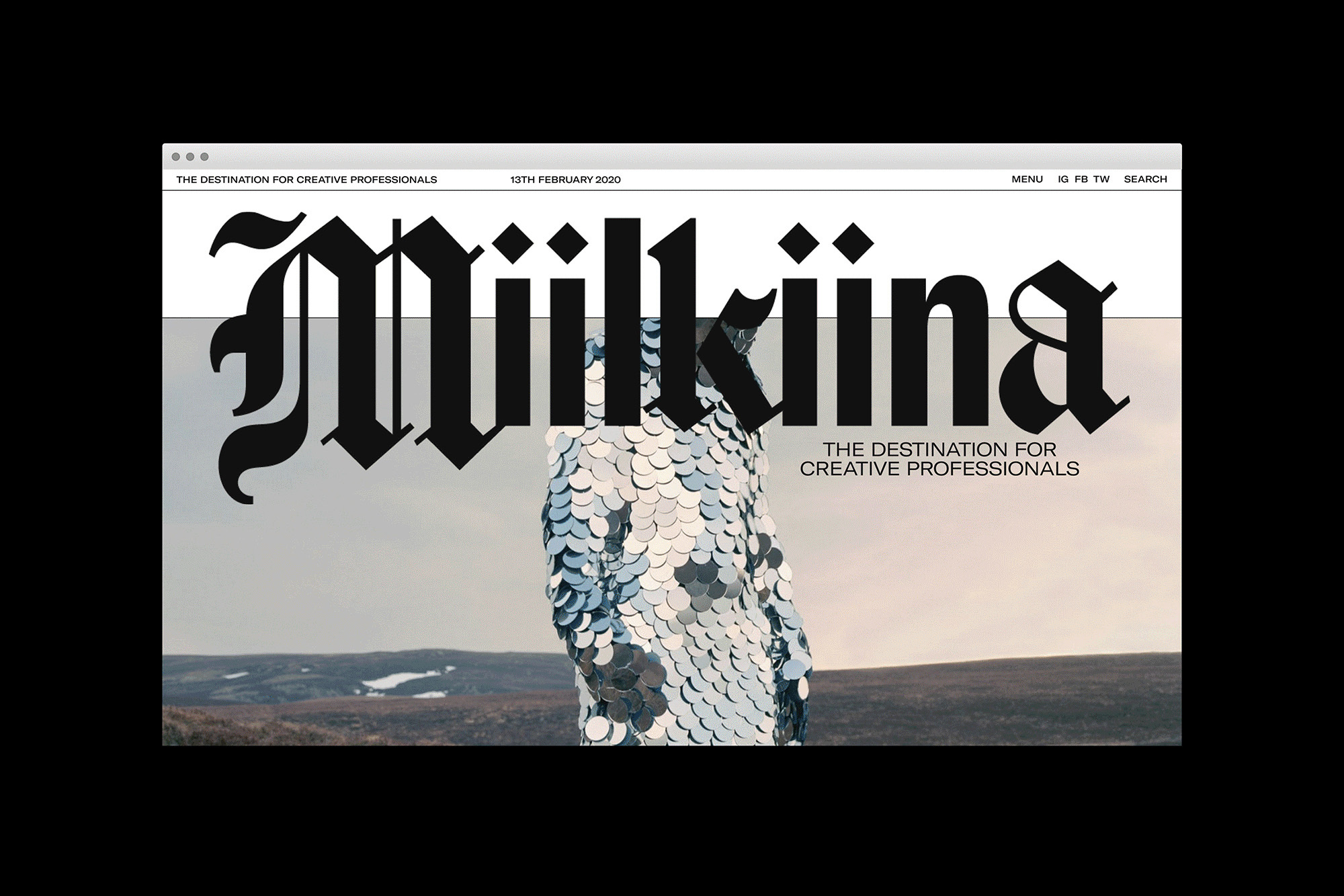 Website design featuring a person wearing a silver sequin jacket standing in a landscape, partially obscured by large, stylized black text.