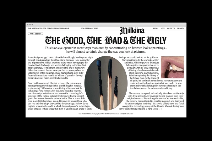 Website featuring burnt matches; 'The Good, the Bad & the Ugly' headline; article on art, photography, and modern tech's influence on seeing.