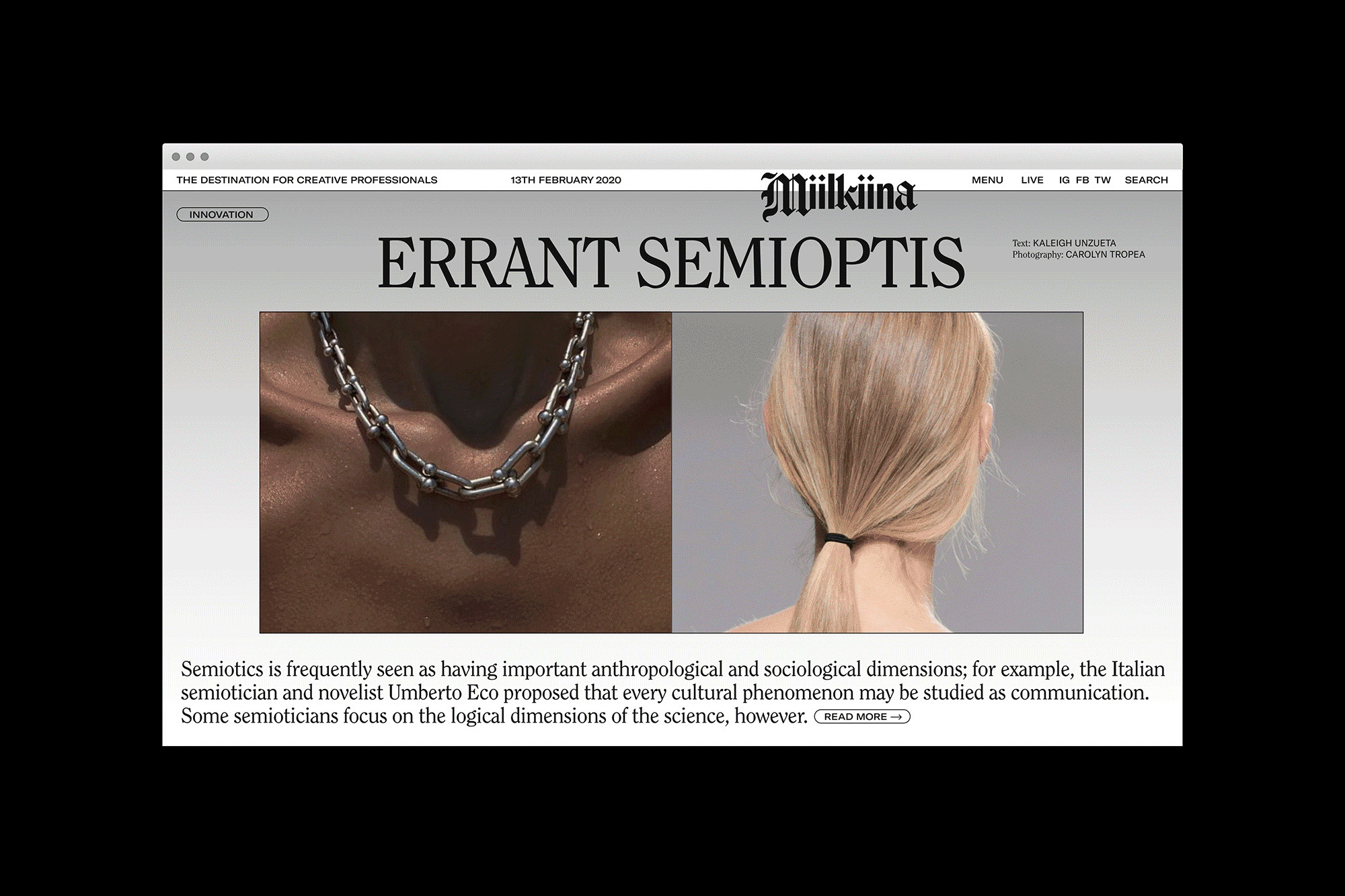 Online editorial featuring a silver chain necklace on a tanned model and a blond ponytail on a light grey background.