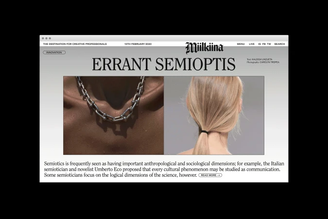 Online editorial featuring a silver chain necklace on a tanned model and a blond ponytail on a light grey background.
