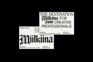 Two black and white business cards featuring gothic typography for Miilkiina brand identity against a dark background
