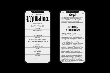 Two mobile phone mockups displaying the Miilkiina brand identity and website navigation on a black background.