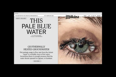 Web layout for Miilkiina featuring macro eye photography with water droplets on eyelashes and typography layout