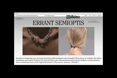 Web interface mockup for Miilkiina featuring two image panels with a silver chain necklace and blonde hair tied back