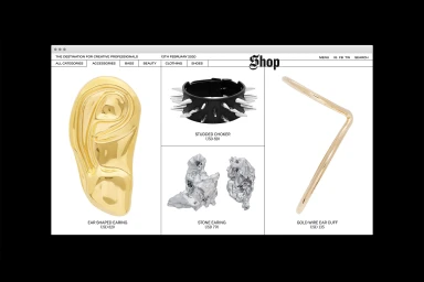 Web browser window displaying a curated jewelry shop interface featuring gold ear-shaped earrings, studded choker, and wire cuffs.