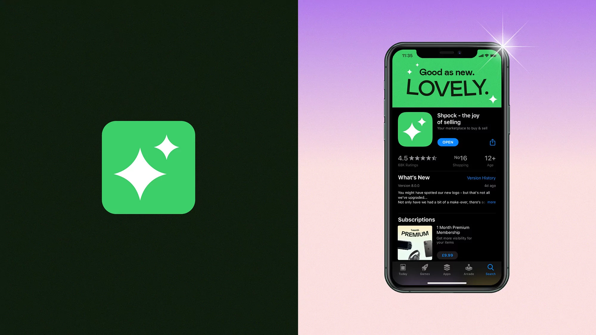 Smartphone displays the Shpock app interface with its green logo on-screen, against a divided green/pink gradient background.
