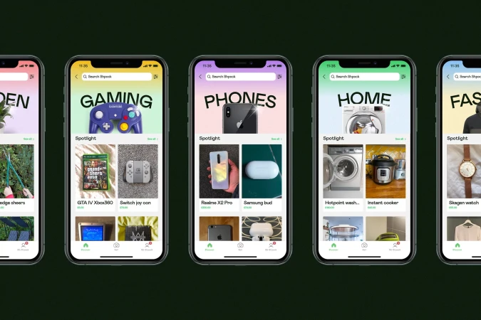 Five smartphones display different app categories: garden, gaming, phones, home, and fashion against a dark green background.