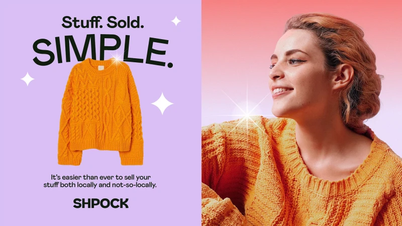 Advertisement featuring a young woman in an orange sweater and a matching orange sweater on a lavender background, promoting a clothing marketplace.
