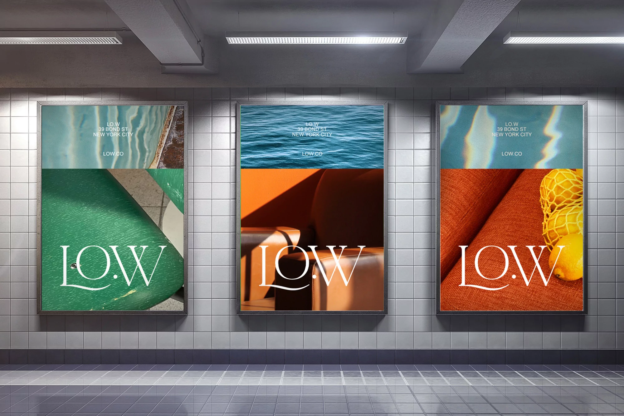 Three vertically-oriented posters featuring different product images and 'LOW' branding, displayed in an underground subway station.