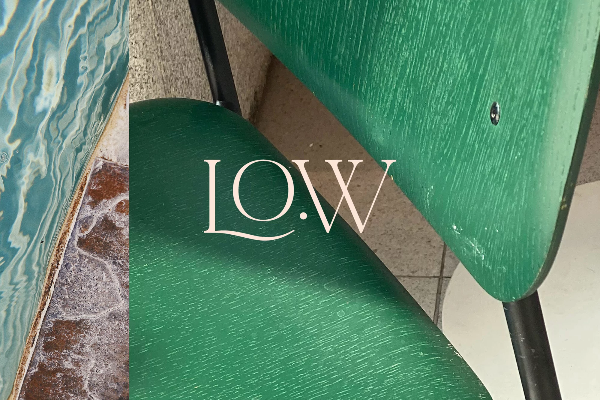 Close-up composition showing green wooden chairs with black metal legs and typography overlay reading LO.W.