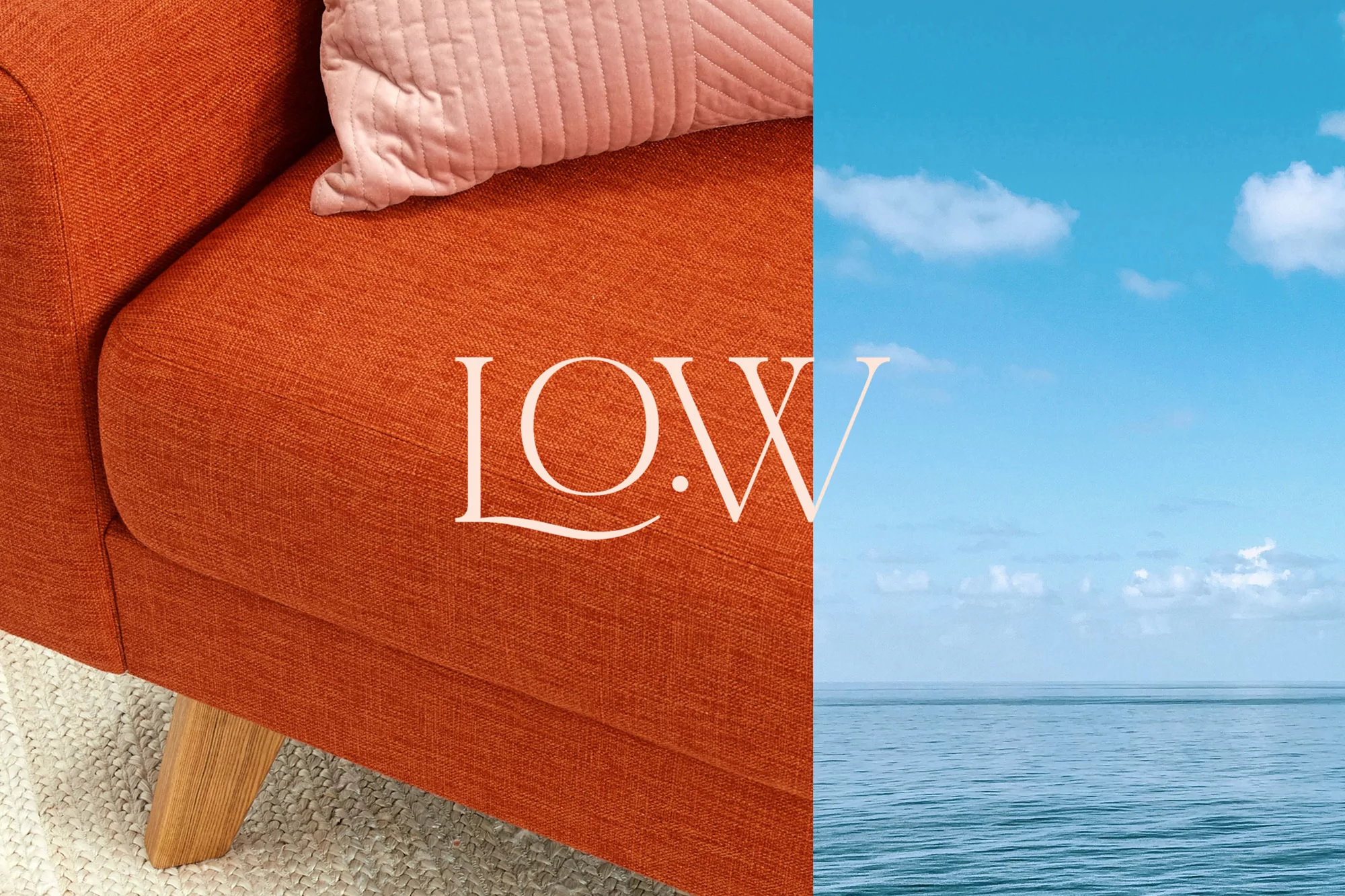 Split-screen view showcasing a burnt orange couch with a pillow on the left, contrasted by a blue sky and ocean view on the right.