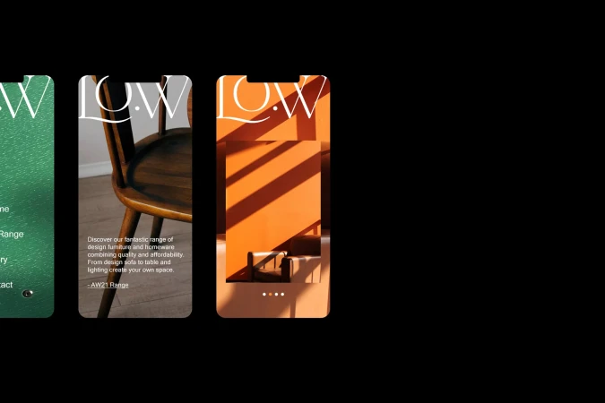Screenshots of a mobile app interface displaying furniture and homeware, showcasing a design-focused and affordable collection for home styling.