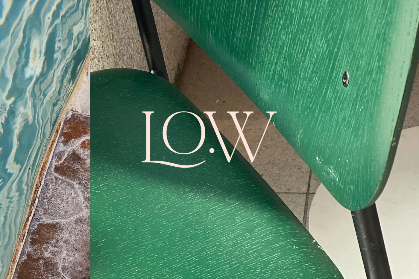Close-up composition showing green wooden chairs with black metal legs and typography overlay reading LO.W.