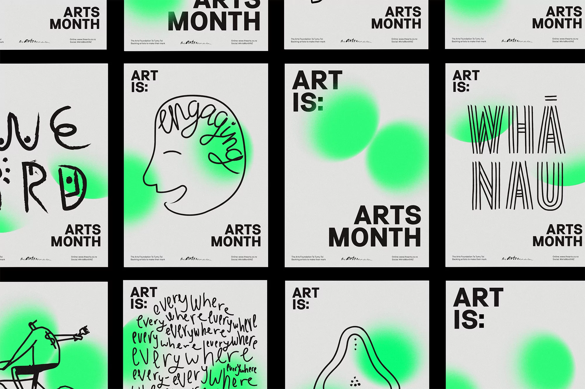 Variety of art posters featuring text and illustrations in black on white backgrounds with green accents for Arts Month promotions.