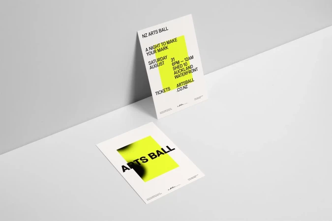 Two arts ball posters, one upright and one laying flat, featuring a neon green graphic element and event details on a clean white background.